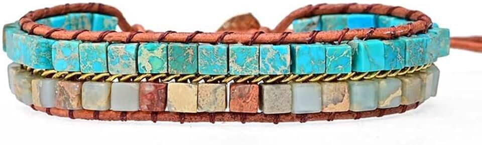 Handmade Boho Natural Stone Wrap Bracelet with Crystal Beads