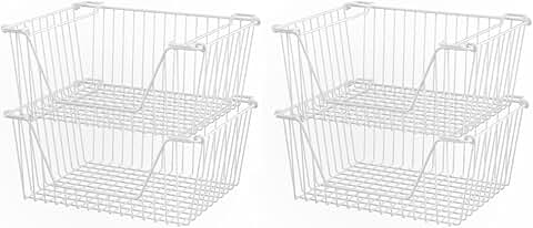 Stackable Wire Baskets for Pantry and Storage, White, Set of 4