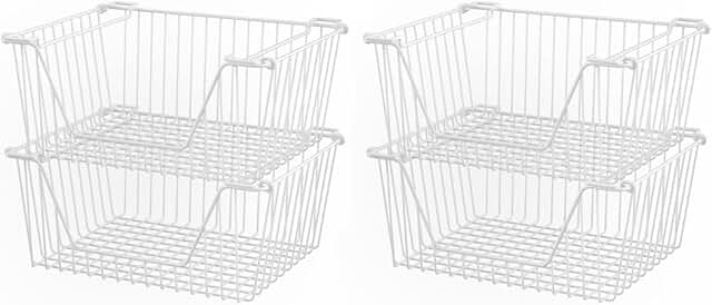 Stackable Wire Baskets for Pantry and Storage, White, Set of 4
