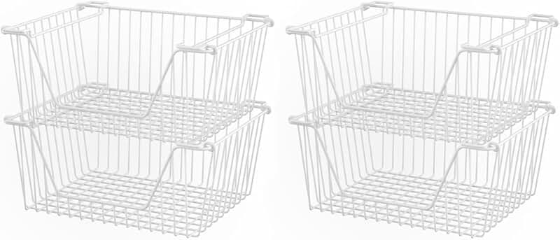 Stackable Wire Baskets for Pantry and Storage, White, Set of 4