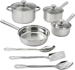 10-Piece Stainless Steel Cookware Set with Lids and Utensils