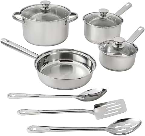 10-Piece Stainless Steel Cookware Set with Lids and Utensils