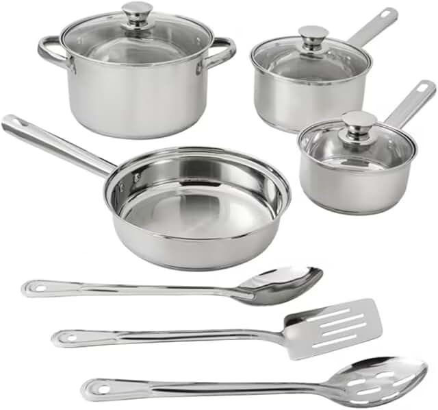 10-Piece Stainless Steel Cookware Set with Lids and Utensils