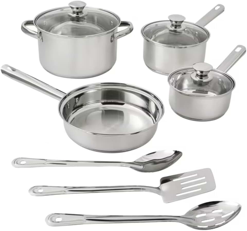 10-Piece Stainless Steel Cookware Set with Lids and Utensils
