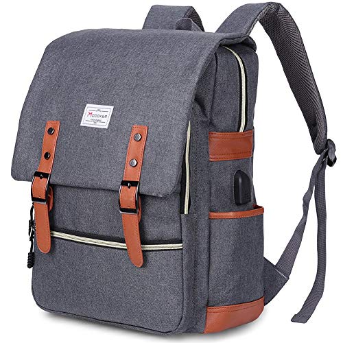 Vintage laptop backpack for women and men, grey, fits 15.6-inch notebook