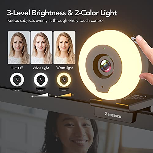 Webcam with Ring Light, AutoFocus FHD 1080P Webcam with Microphone, 2 Colors and 3-Level Brightness, Plug and Play Computer Camera, Streaming Web Camera for Laptop MacBook PC for Zoom, Skype