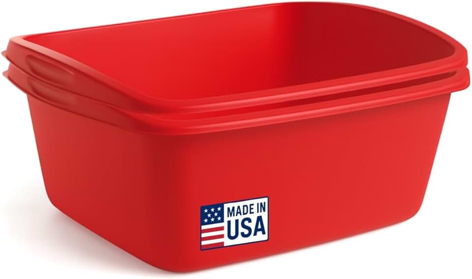 Two Red Plastic Dish Pans for Kitchen Sink, 12 Quarts
