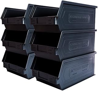 Set of six wall-mountable and stackable plastic storage bins