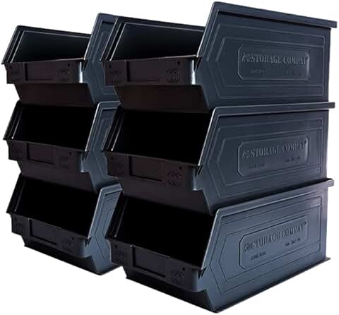 Set of six wall-mountable and stackable plastic storage bins