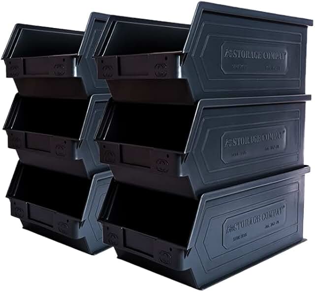 Set of six wall-mountable and stackable plastic storage bins
