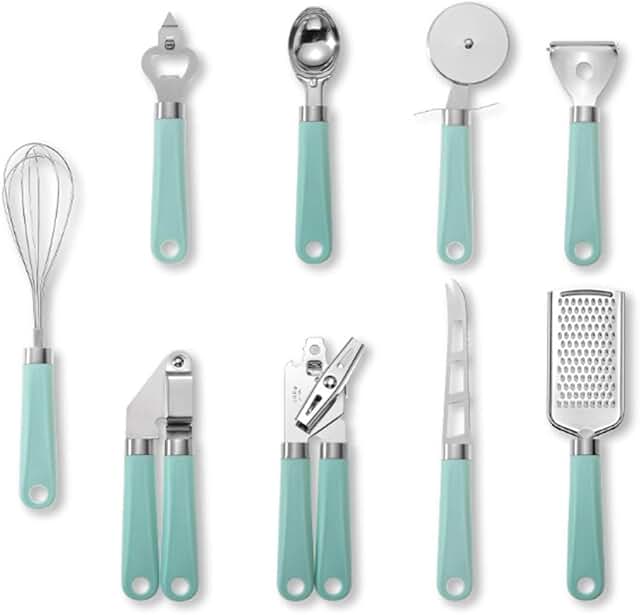 9-Piece Stainless Steel Kitchen Utensil Set in Light Green