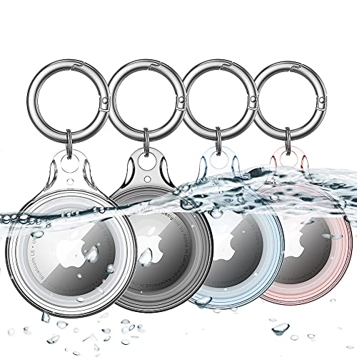 4 Pack Waterproof Air Tag Keychain Holder Case Compatible with Apple AirTag Case, for Dog cat Collar Tracker Key Ring 360 Full Body Coverage Hard 2in1 Shockproof Locator Protective Cover Clear