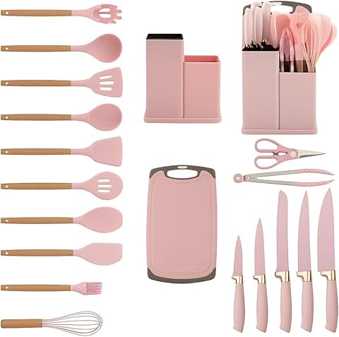 Pink 19-Piece Kitchen Utensils Set with Silicone Tools