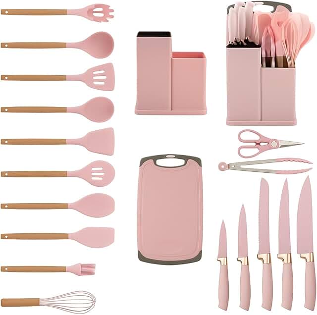 Pink 19-Piece Kitchen Utensils Set with Silicone Tools