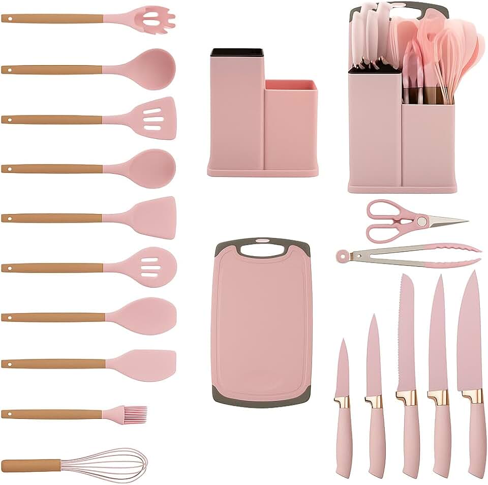 Pink 19-Piece Kitchen Utensils Set with Silicone Tools