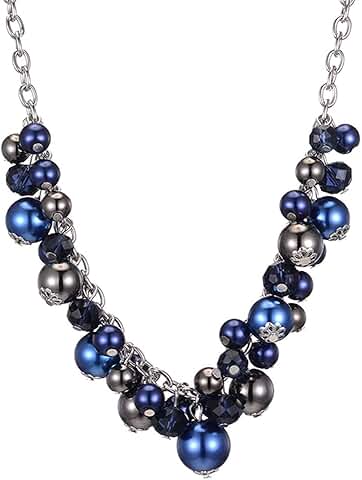 Navy Blue Short Chain Pendant Necklace with Pearl and Crystal Beads
