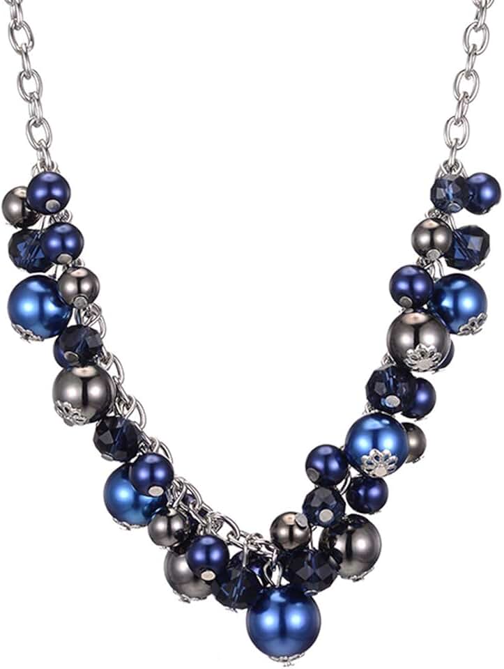 Navy Blue Short Chain Pendant Necklace with Pearl and Crystal Beads