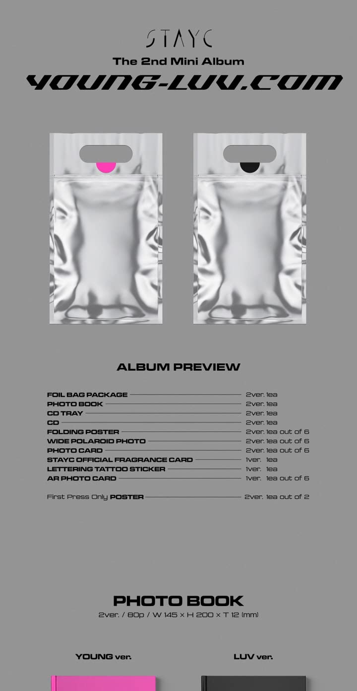 STAYC Young-LUV2nd Mini Album 2 Version Set CD+1p Folding Poster On Pack+1p Wide Polaroid+1p PhotoCard+1p Fragrance Card+1p Lettering Tattoo Sticker+1p AR Card+Tracking Kpop Sealed