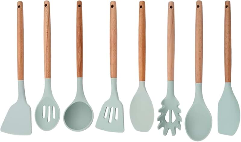 Set of four mint green silicone cooking utensils
