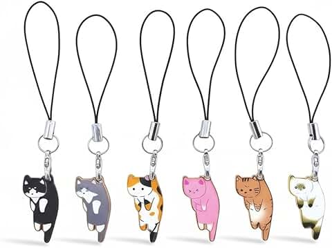 Six Cute Cat Phone Charms with Handmade Pendants