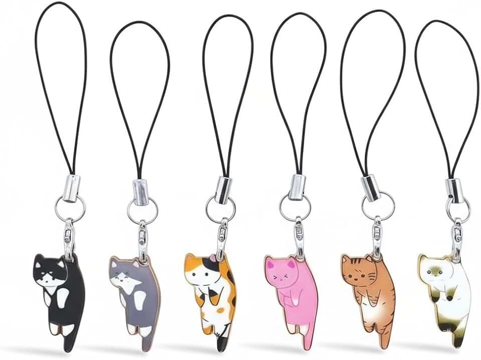 Six Cute Cat Phone Charms with Handmade Pendants