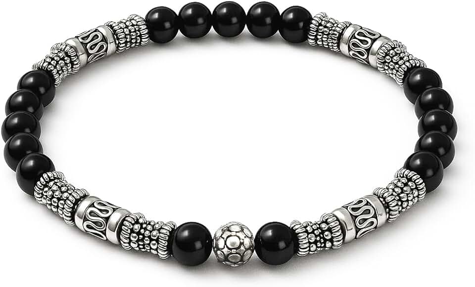 Black Onyx and Silver Bead Bracelet for Men