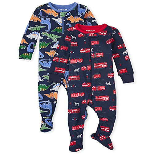 The Children s  Baby Toddler Boy Dino  Truck Snug Fit Cotton One Piece Pajamas 2-Pack, Thunder Blue, 0-3 Months