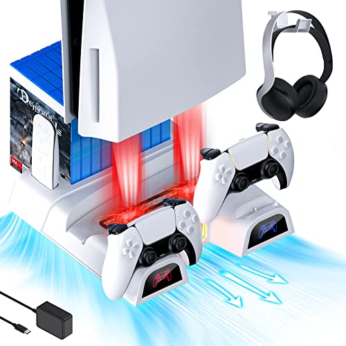 PS5 Accessories Silent Cooling Stand with Headset Holder and AC Adapter, for PS5 Disc & Digital Editions Dual Controllers Charger, 3 Levels Adjustable Fans Speed, 10 Game Rack Organizer, White