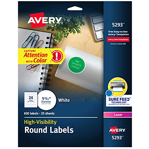 High Visibility Printable Round Labels with Sure Feed, 1-2/3" Diameter, White, 600 Customizable Blank Labels (5293)