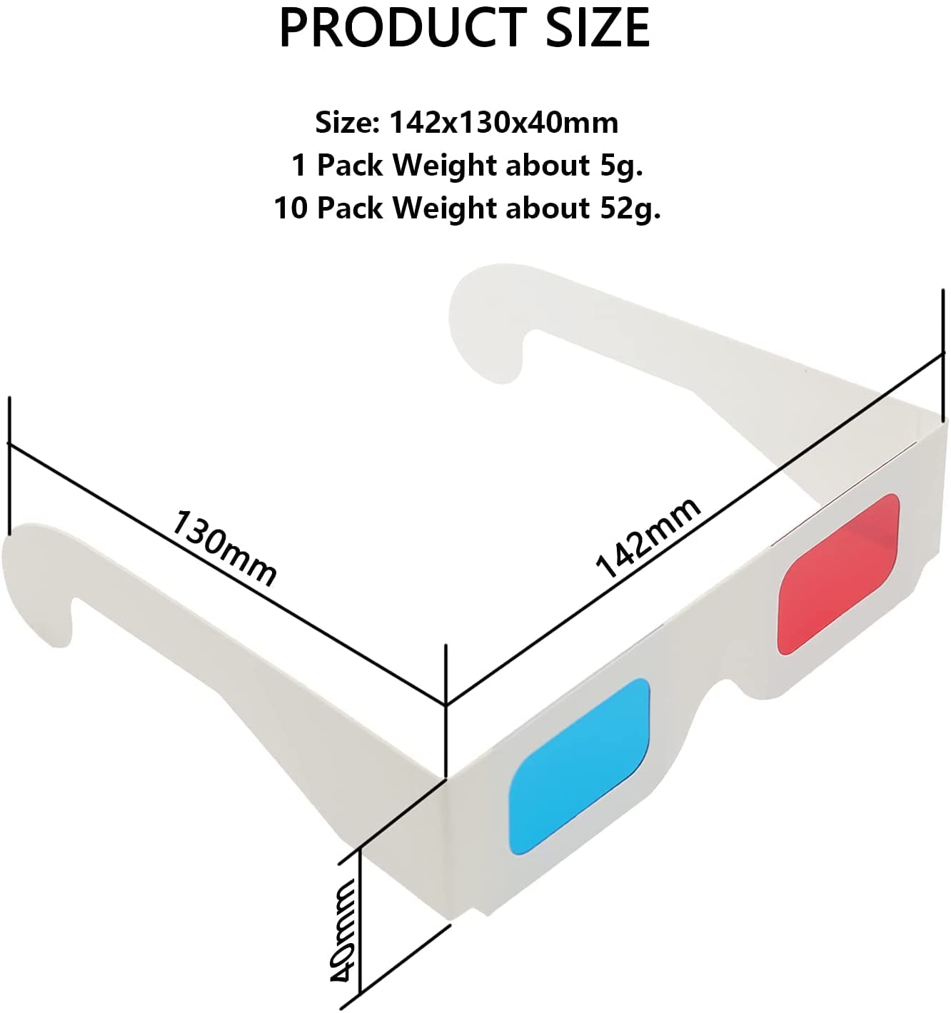 10 Pairs 3D Paper Glasses, Red and Cyan Lens in White Frame Anaglyph Cardboard for Movies - Folded in Protective Sleeve