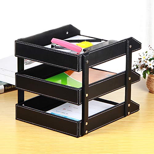 Stackable 3-Tier Leather Desk File Tray