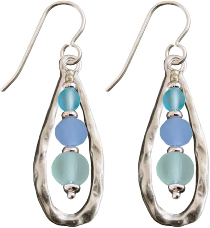 Antique Teardrop Dangle Earrings with Sea Glass Beads