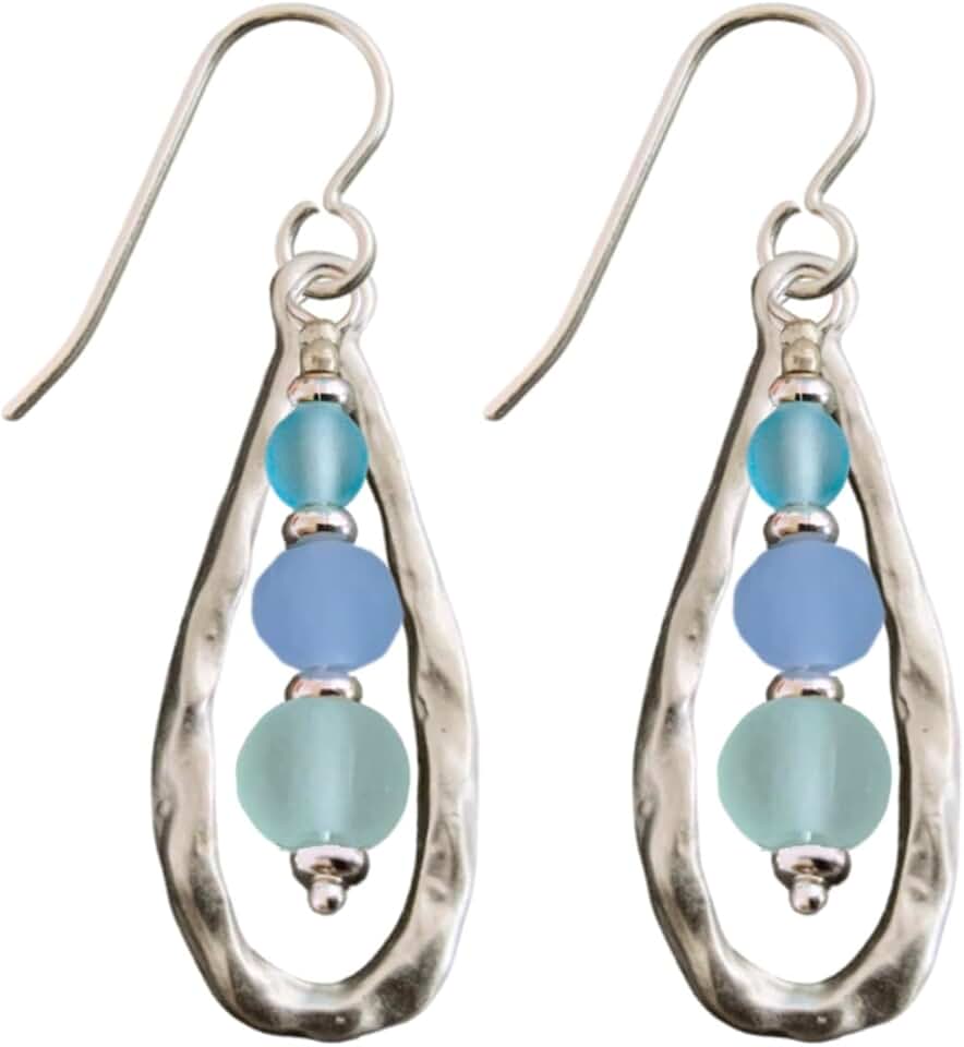 Antique Teardrop Dangle Earrings with Sea Glass Beads