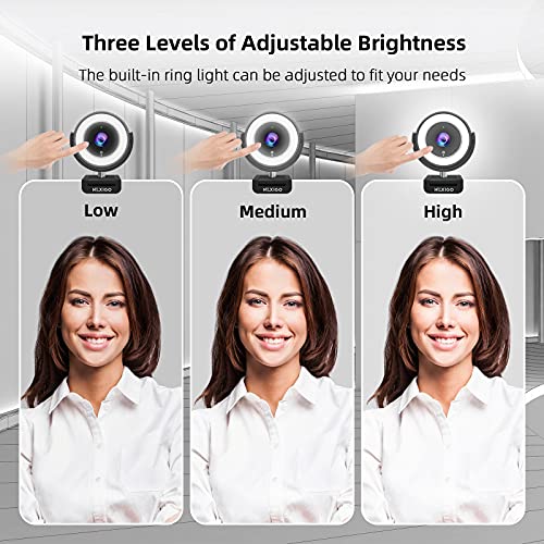 N660E 1080P Webcam with Ring Light, Adjustable Brightness, Magnetic Privacy Cover, Dual Noise Reduction Mics, for Zoom Skype Teams, Black (Upgraded Model)
