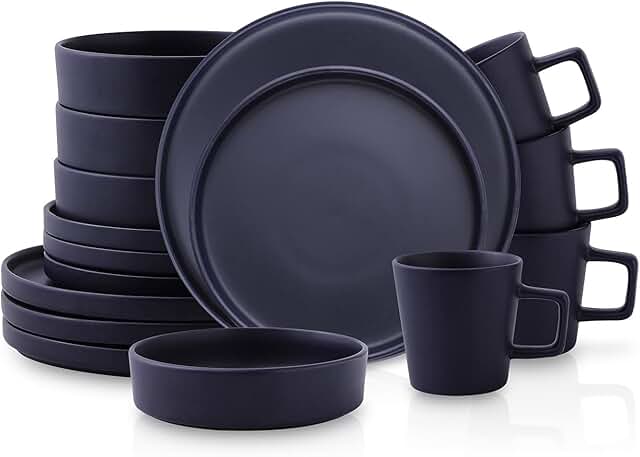16-Piece Dark Blue Stoneware Dinnerware Set for Four
