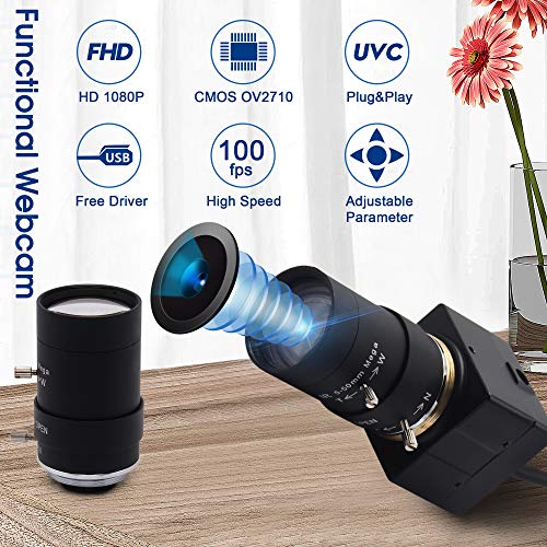 2MP Webcam 1080P HD USB Camera with Optical Zoom 5-50mm Varifocal Lens,High Speed 100fps USB Camera for Laptop,Streaming Computer USB Camera with CMOS OV2710 Sensor for Android Windows Mac
