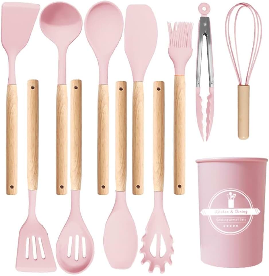 12-Piece Silicone Kitchen Utensil Set with Wooden Handles