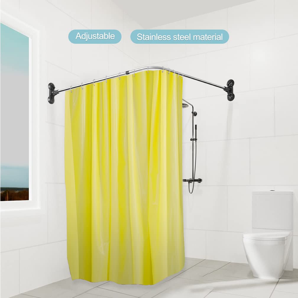 Curved Shower Curtain Rod L-Shaped Corner Bathroom Curtains Hanger Pole Decorative Extendable Bathtub Metal Showers Rail Bar, Wall Mounted or Suction Cups Install  Black