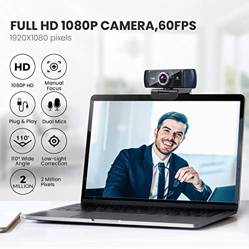 Webcam 1080P 60fps with Microphone for Streaming,  682H Pro HD USB Computer Web Camera Video Cam for Gaming Conferencing Mac Windows Desktop PC Laptop Xbox Skype OBS Twitch YouTube Xsplit