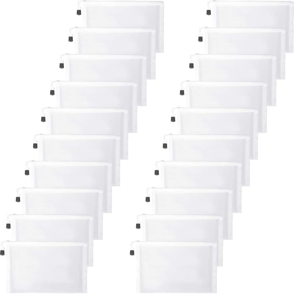 Set of 20 white mesh zipper pouches, 9.5 x 7.1 inches