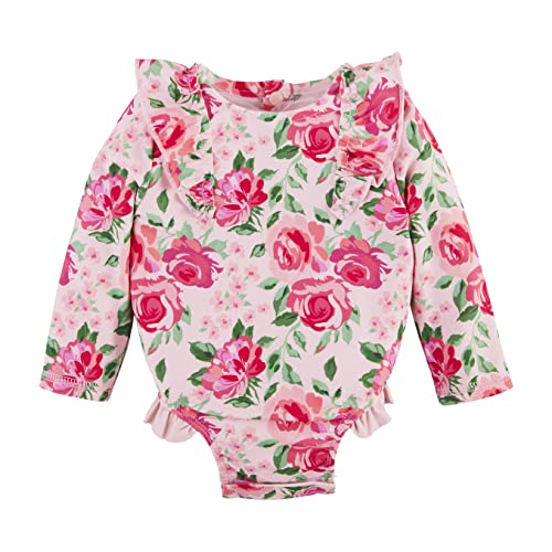 Girls Rash Guard Swimsuit, Rose, 3-6 Months