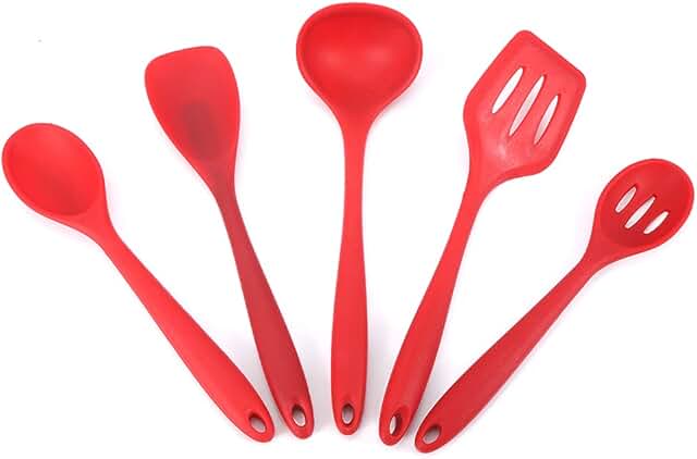Set of five heat-resistant silicone kitchen utensils