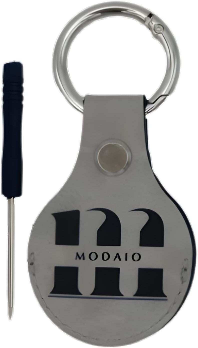 MODAIO - Leather Case Cover for Use with AirTag – Includes Key Ring & Mini-Ring Opener for Pets, Keys, Luggage, Backpacks – 1 Pack (Grey)