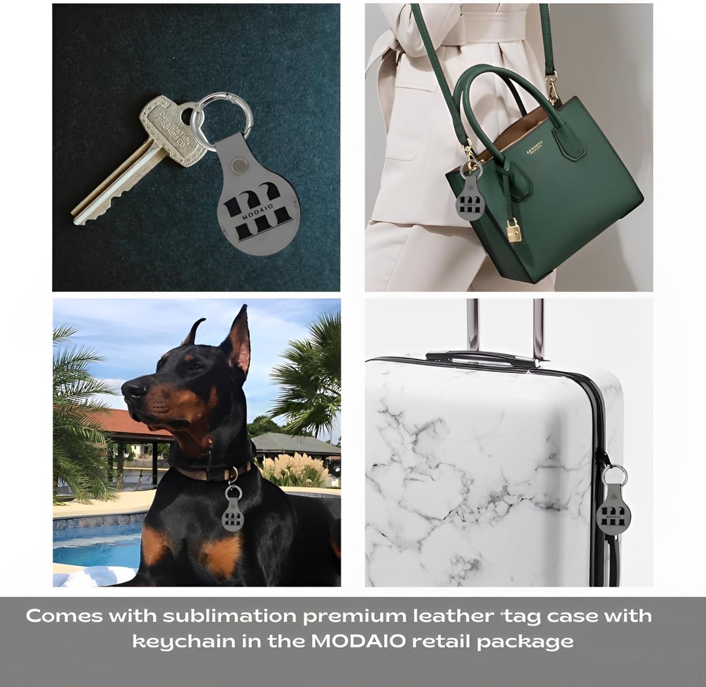 MODAIO - Leather Case Cover for Use with AirTag – Includes Key Ring & Mini-Ring Opener for Pets, Keys, Luggage, Backpacks – 1 Pack (Grey)