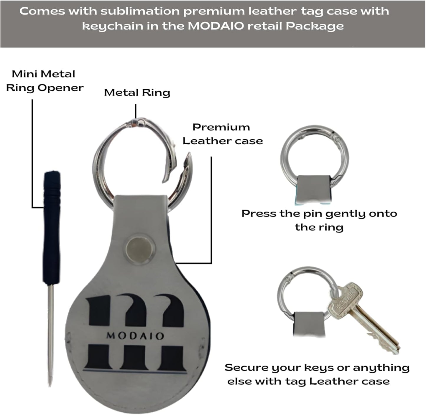 MODAIO - Leather Case Cover for Use with AirTag – Includes Key Ring & Mini-Ring Opener for Pets, Keys, Luggage, Backpacks – 1 Pack (Grey)