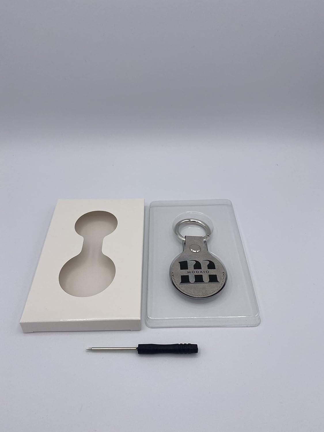 MODAIO - Leather Case Cover for Use with AirTag – Includes Key Ring & Mini-Ring Opener for Pets, Keys, Luggage, Backpacks – 1 Pack (Grey)