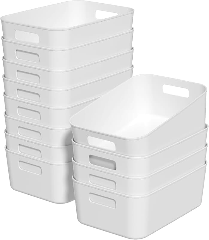 Set of 12 White Plastic Pantry Storage Bins
