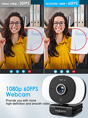 60FPS 1080P Webcam with Microphone,Autofocus Computer Camera with 3 Light Colors,Adjustable Brightness,Web Camera with Built-in Privacy Cover,Tripod,Streaming Webcam for Conferencing,Teaching