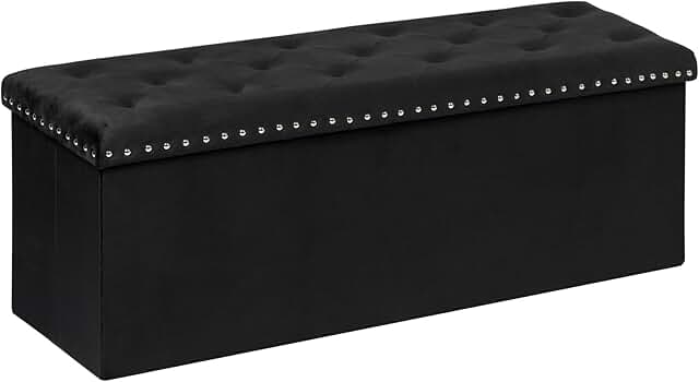 Black velvet storage bench with footrest, 43.3"x15.7"x15.7"