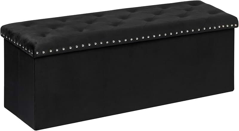 Black velvet storage bench with footrest, 43.3"x15.7"x15.7"
